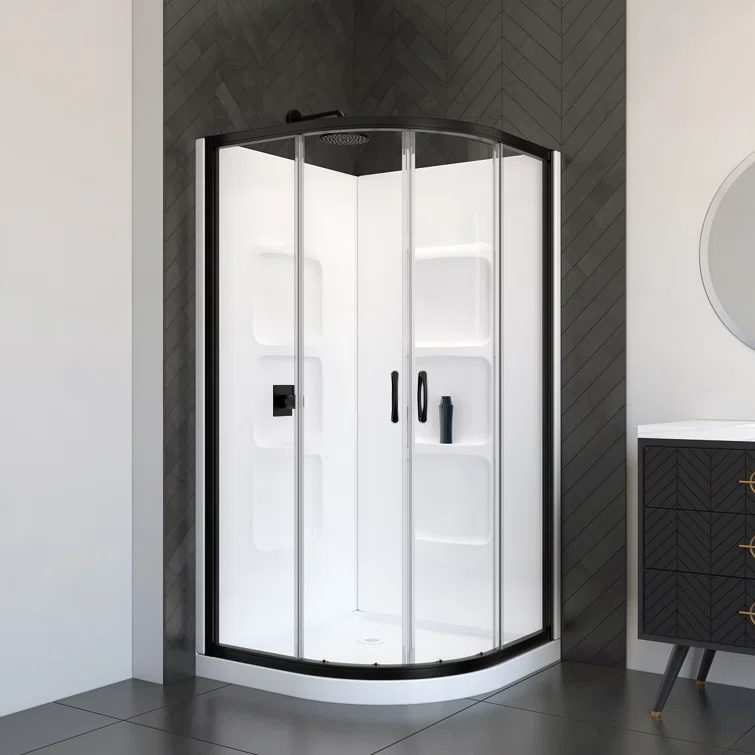 A&E Bath and Shower Mona 38 Black 38.5'' W 74'' H Framed Round Reversible Shower Enclosure