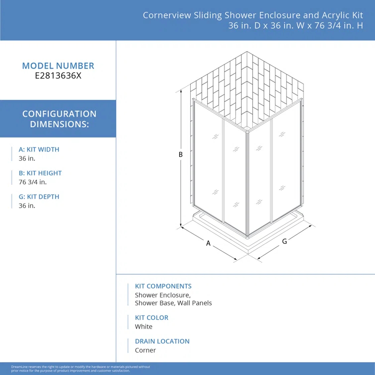 Cornerview 36 X 36 X 78 Framed Rectangle Sliding Shower Kit