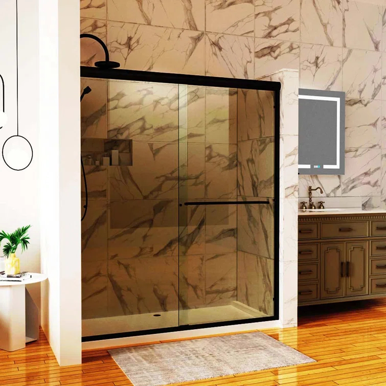 60" W X 70" H Semi- Frameless Double Sliding Bathroom Shower Door With Clear Glass