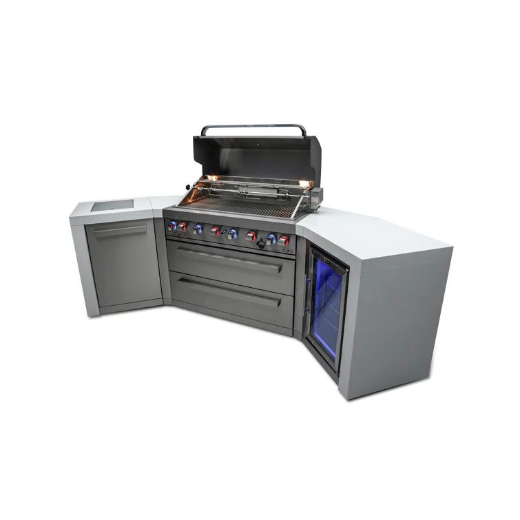 Mont Alpi 805 6-Burner 115000 BTU MAi805-D45FC U-shaped Stainless Steel Deluxe Modular Outdoor Kitchen BBQ Island Grill + Fridge Cabinet - 2 Infrared Burners, White Granite Countertops, Rotisserie Kit