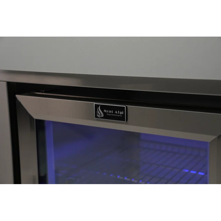 Mont Alpi 805 6-Burner 115000 BTU MAi805-D45FC U-shaped Stainless Steel Deluxe Modular Outdoor Kitchen BBQ Island Grill + Fridge Cabinet - 2 Infrared Burners, White Granite Countertops, Rotisserie Kit