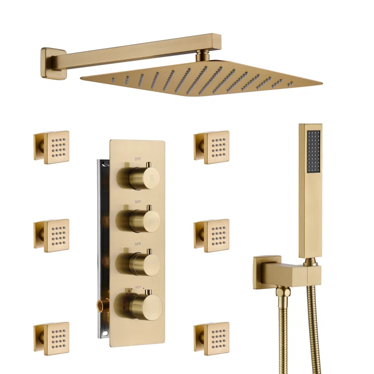 3 Functions Wall Mount Thermostatic Complete Shower System with 6 Body Jets, Rough-in Valve