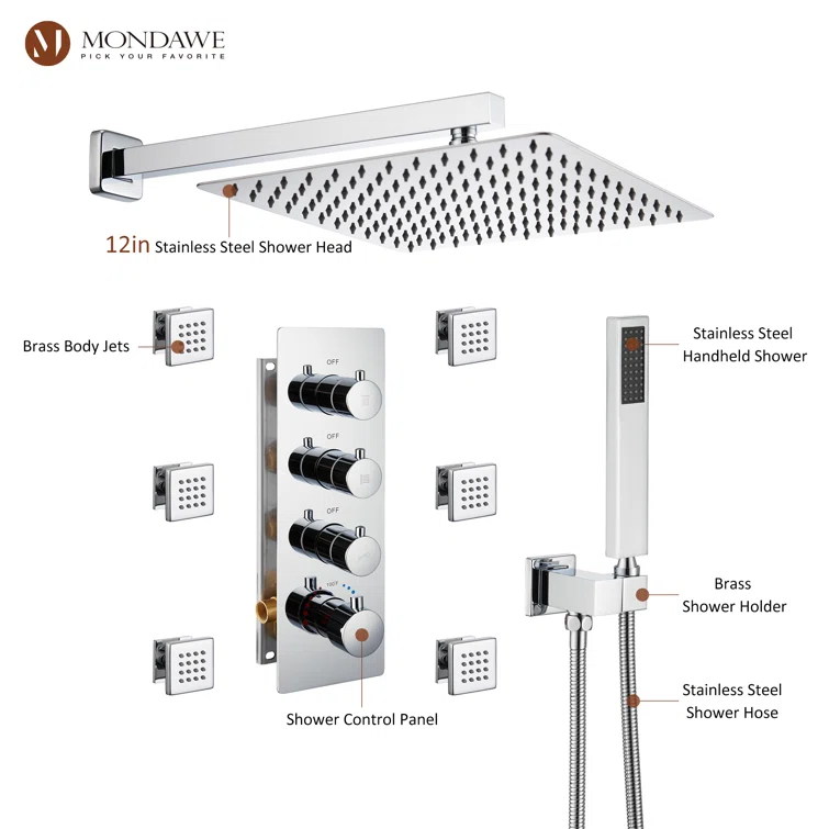 Herathena 3 Functions Wall Mounted Luxury Shower System with 6 Body Jets (Rough-in Valve Included)