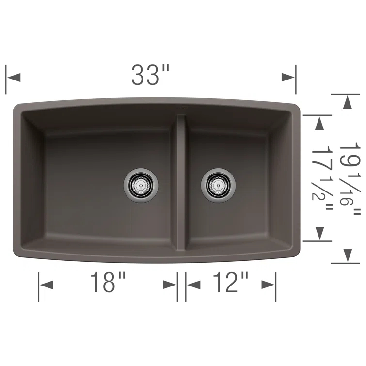 Performa SILGRANIT 33" 60/40 Double Bowl Undermount Kitchen Sink with Low Divide