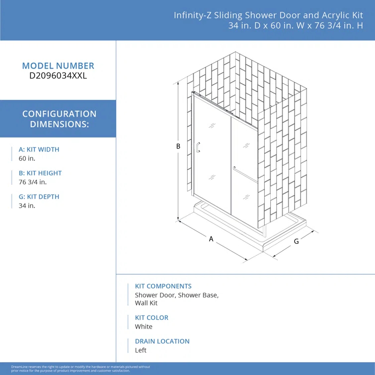 60" W x 34" D x 78" H Semi-Frameless Rectangle Shower Kit
