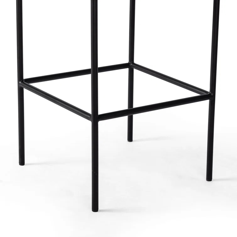 White Oak and Black Metal Bar Stool with Upholstered Seat