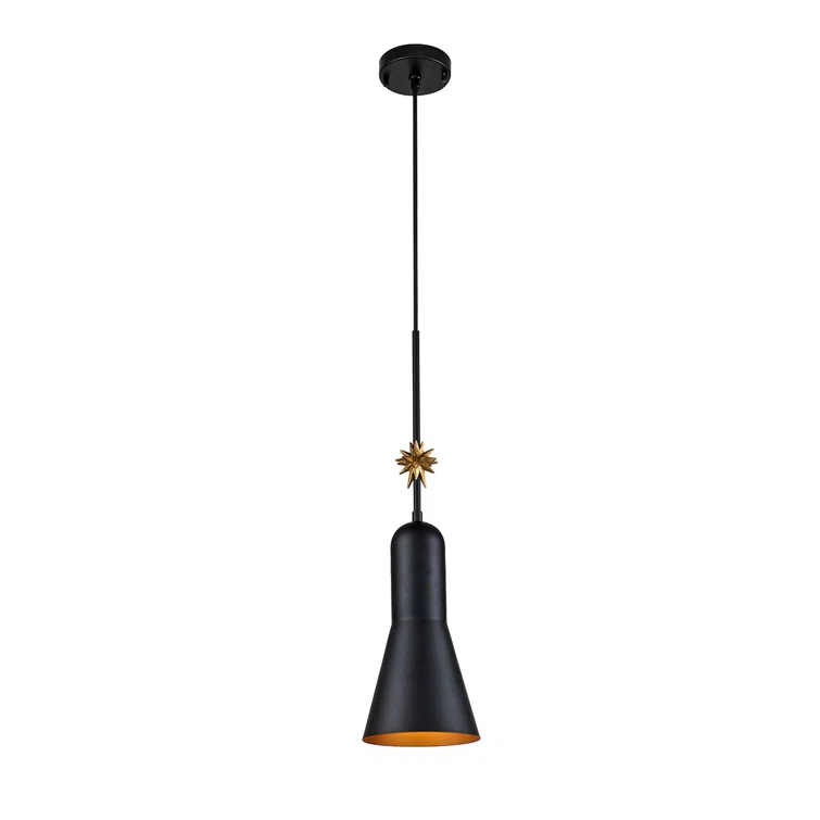 Matte Black Steel Drum Pendant Light with Gilded Star Accent