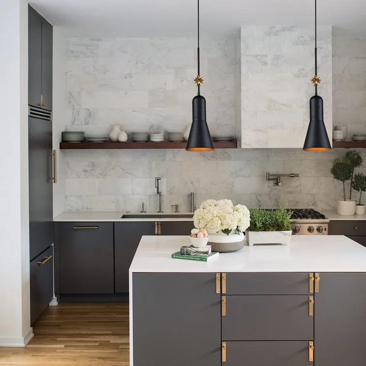 Matte Black Steel Drum Pendant Light with Gilded Star Accent