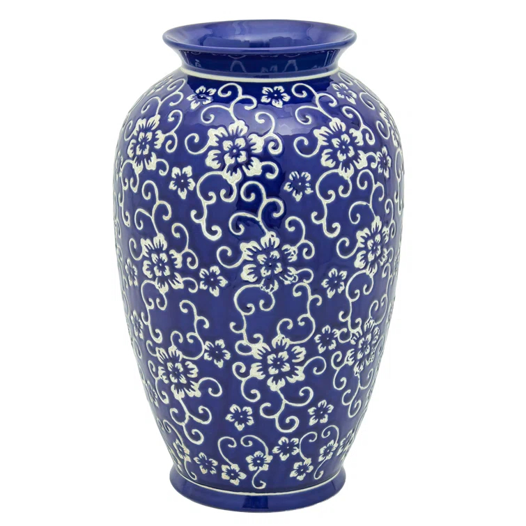 14" White Flowers on Blue Tung Chi Vase