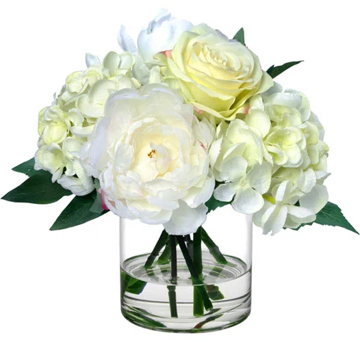 Diane James Home BLOOMS Roses, Peonies and Hydrangeas in Glass Cylinder Vase