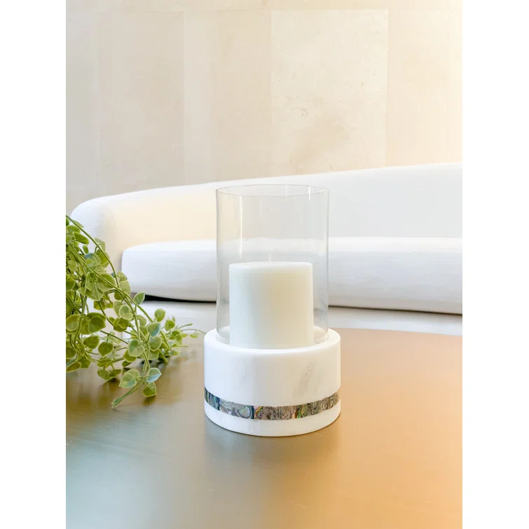 Anaya Mother Of Pearl Marble 7.63'' H Marble Tabletop Hurricane