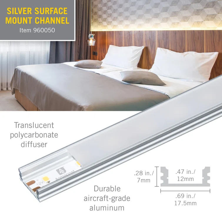 LED Tape Light Mounting Channel, Surface Mount, Silver