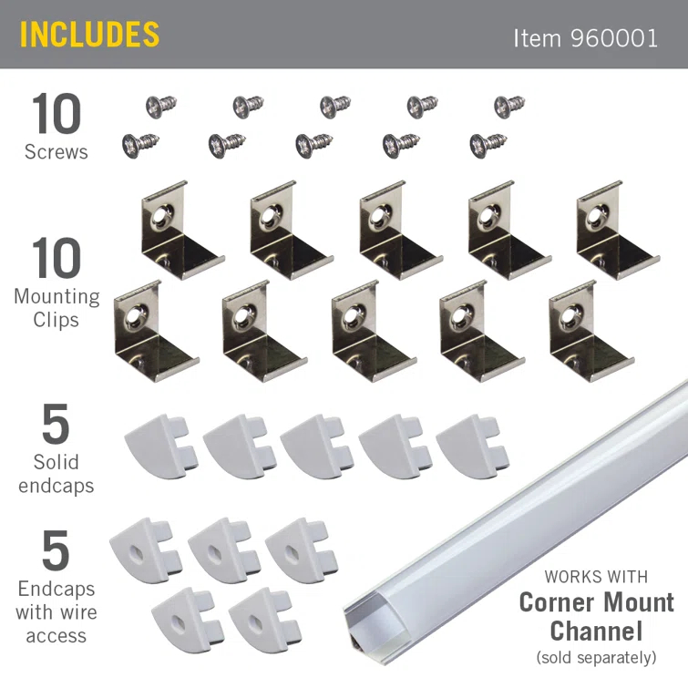 Accessory Packs for LED Tape Light Mounting Channels, Corner Mount, Grey