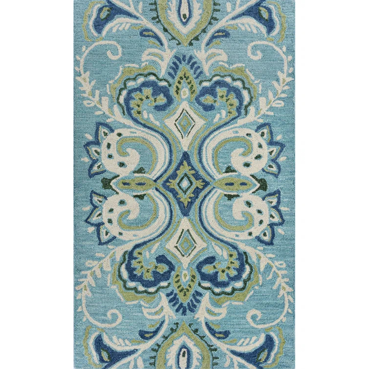 Adelaide Hand Hooked Aqua/Green/Ivory Wool Rug