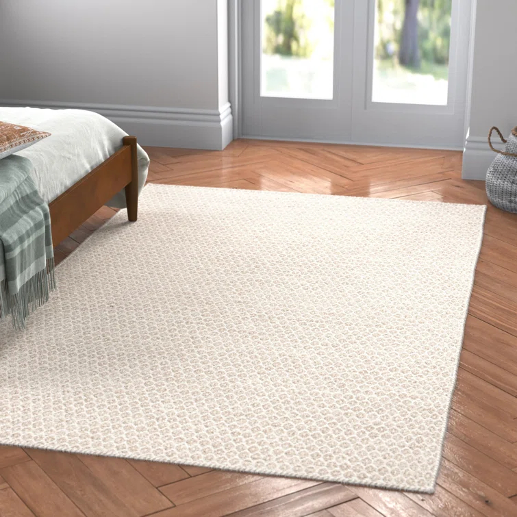 Midford Geometric Hand-Woven Flatweave Wool Beige Area Rug