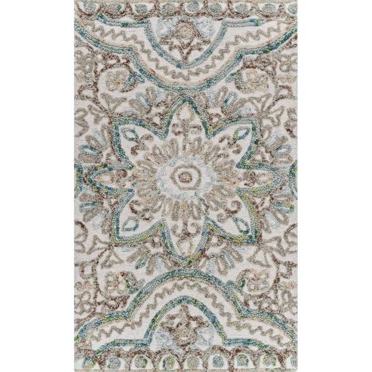 Agra Damask Handmade Tufted Wool Beige/Blue Area Rug