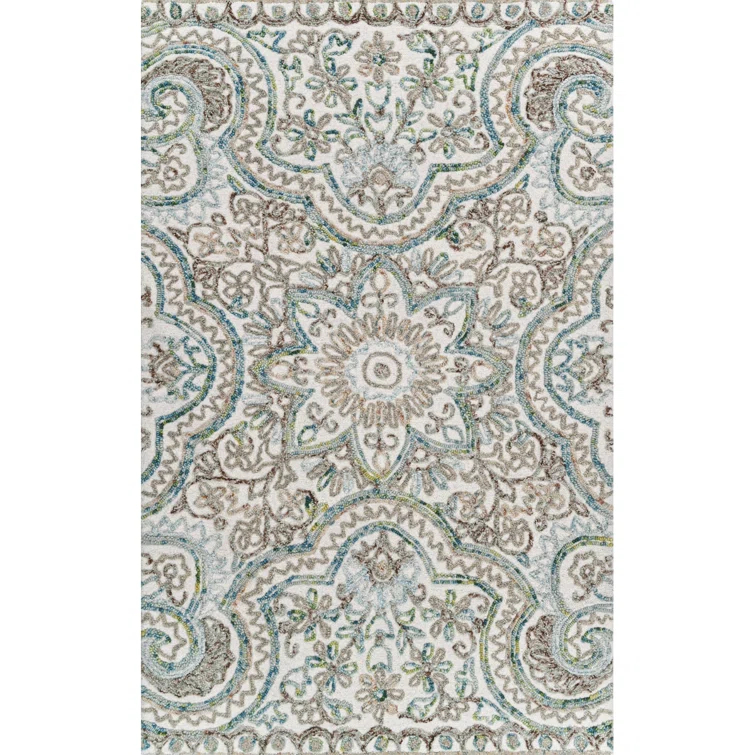 Agra Damask Handmade Tufted Wool Beige/Blue Area Rug