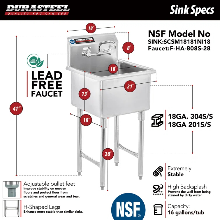 Single Bowl Commercial Sink w/ Lead Free Faucet - 18" x 18" x 13" Bowl Size - NSF Certified