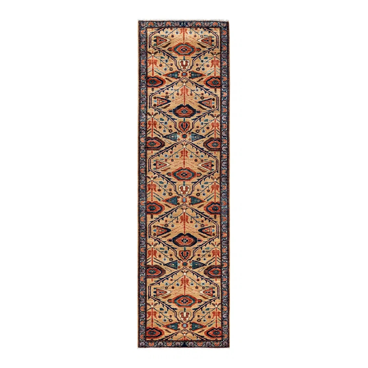 Hand-Knotted Blue and Yellow Geometric Wool Runner Rug