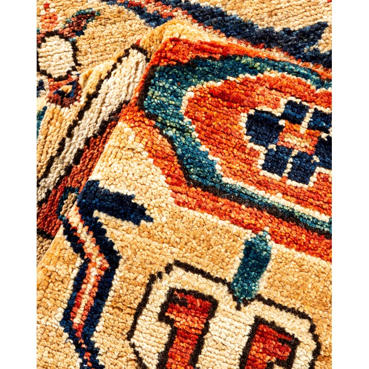 Hand-Knotted Blue and Yellow Geometric Wool Runner Rug