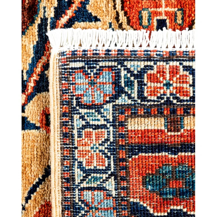 Hand-Knotted Blue and Yellow Geometric Wool Runner Rug