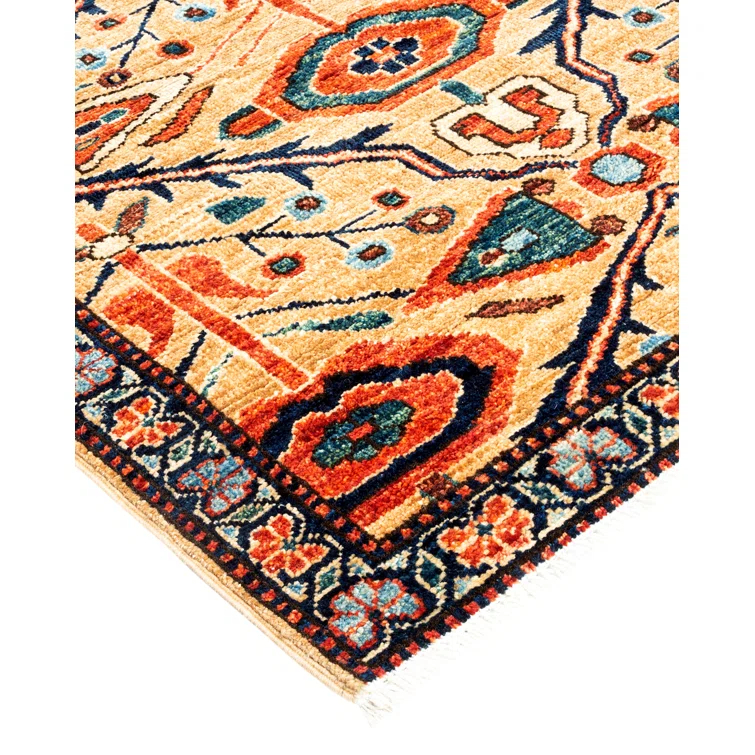 Hand-Knotted Blue and Yellow Geometric Wool Runner Rug