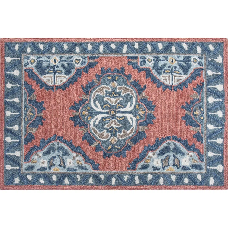 Vintage Glory Hand Hooked Wool Rug in Blue/Faded Red/Cream