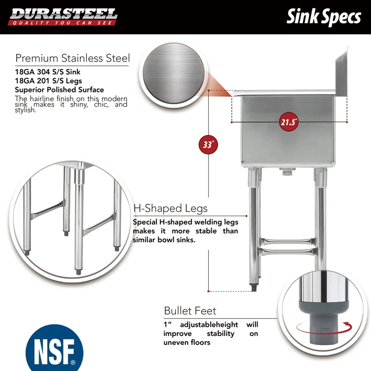 Single Bowl Commercial Sink w/ Lead Free Faucet - 18" x 18" x 13" Bowl Size - NSF Certified
