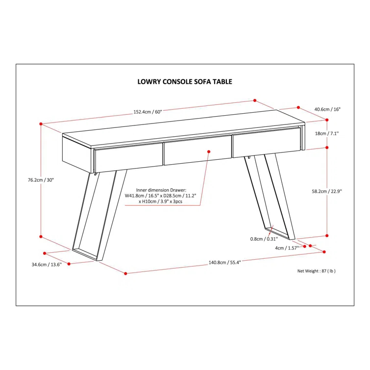 Lowry 60"W Solid Wood Modern Industrial Storage Console Table with 3 Storage Drawers and Metal Legs