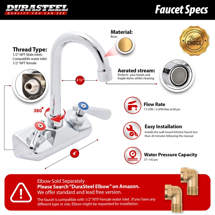 1/2" Gooseneck Spout Wall Mount Touch Kitchen Faucet with Dual Lever Handles