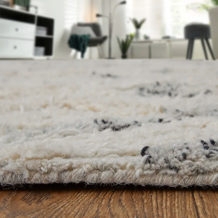 Ivory and Gray Wool Geometric Tufted Area Rug 10' x 14'