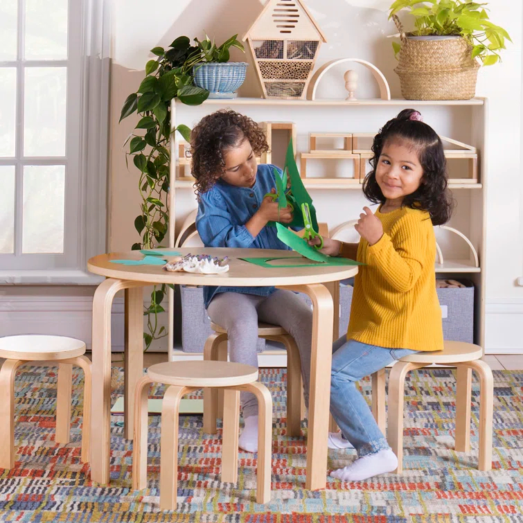 Nordic Toddler and Kids 5 Piece Round Table and Stool Set