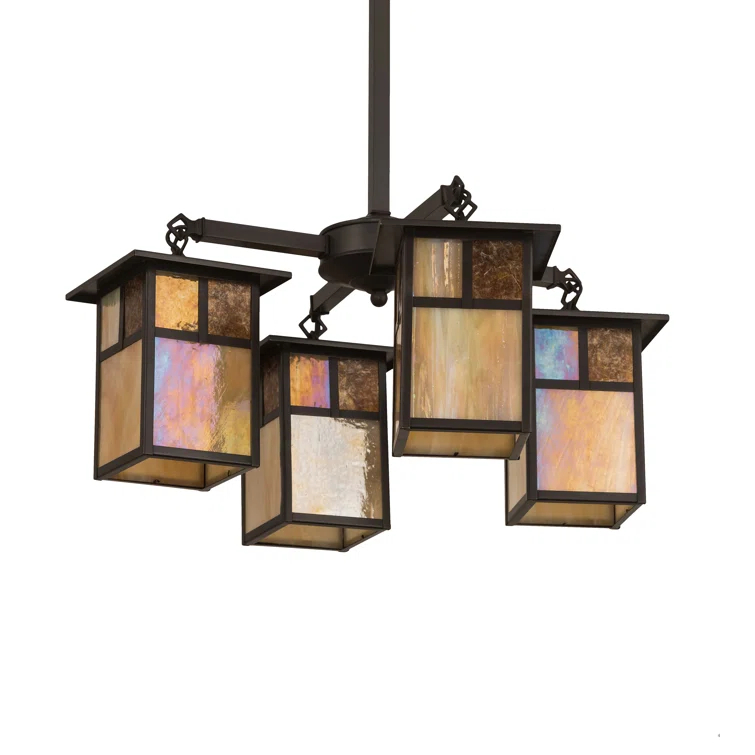 Craftsman Brown 4-Light Chandelier with Iridescent Glass Shades