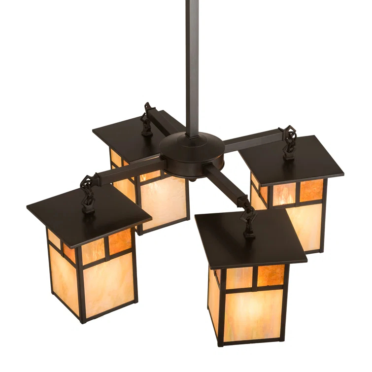 Craftsman Brown 4-Light Chandelier with Iridescent Glass Shades