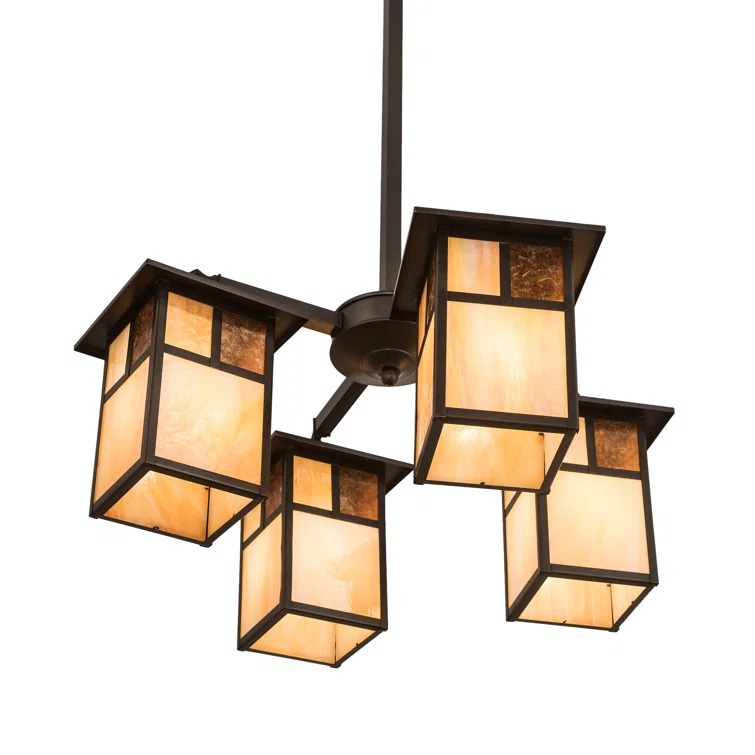 Craftsman Brown 4-Light Chandelier with Iridescent Glass Shades
