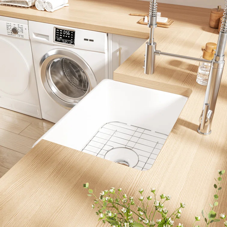 Denbigh 21" L x 16" W Farmhouse Apron-Front Kitchen Sink with Sink Grid and Pop-Up Drain, Laundry Sink