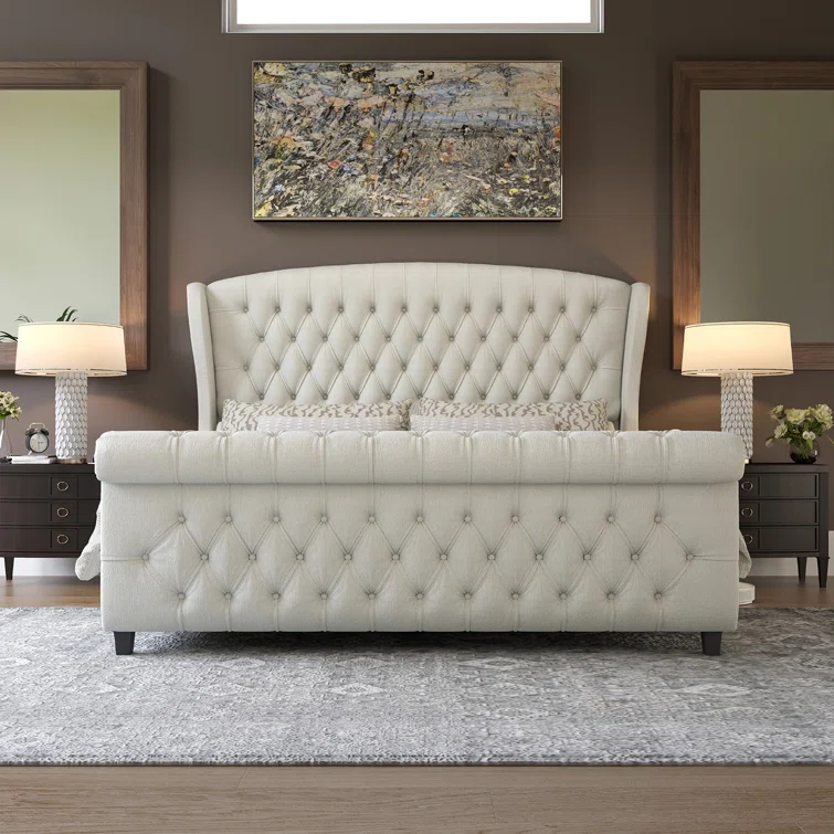 Dulane Chenille Upholstered Sleigh Bed with Scroll Wingback Headboard