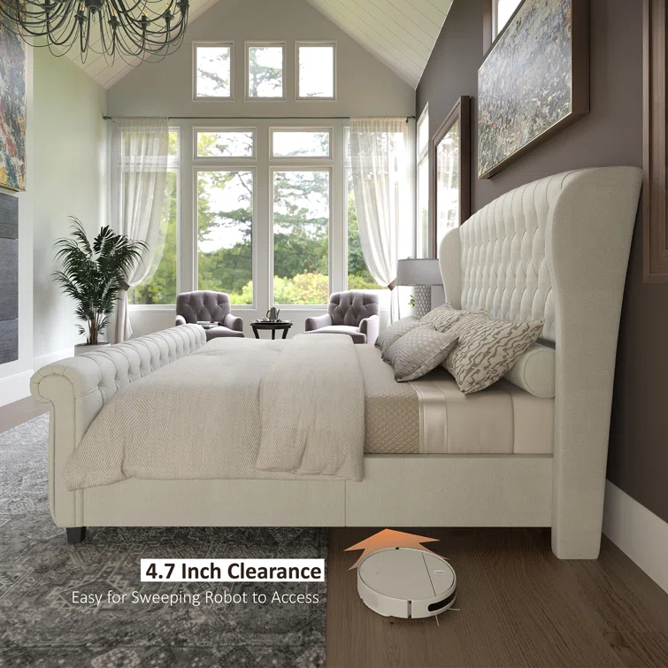 Dulane Chenille / Velvet Upholstered Sleigh Bed with Scroll Wingback Headboard