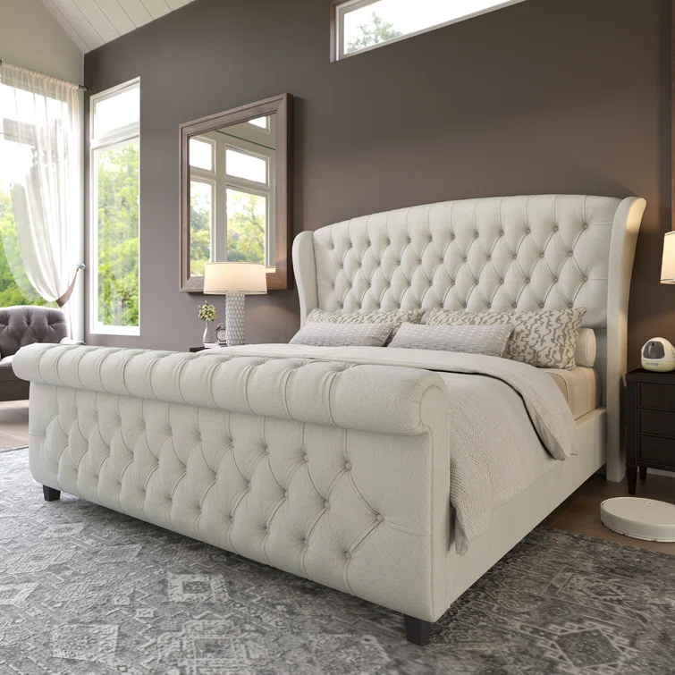 Dulane Chenille Upholstered Sleigh Bed with Scroll Wingback Headboard