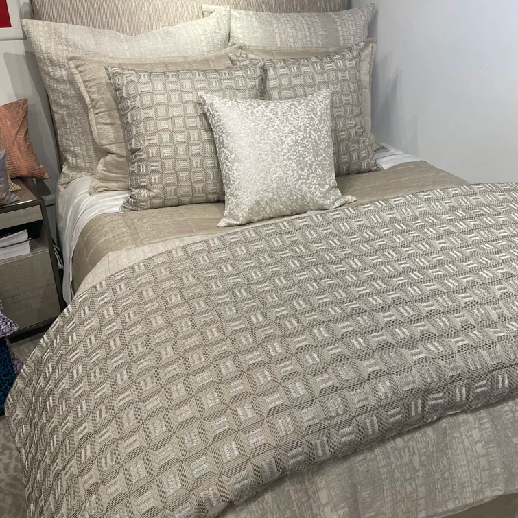 Beige Cotton Embroidered Padded Throw Blanket