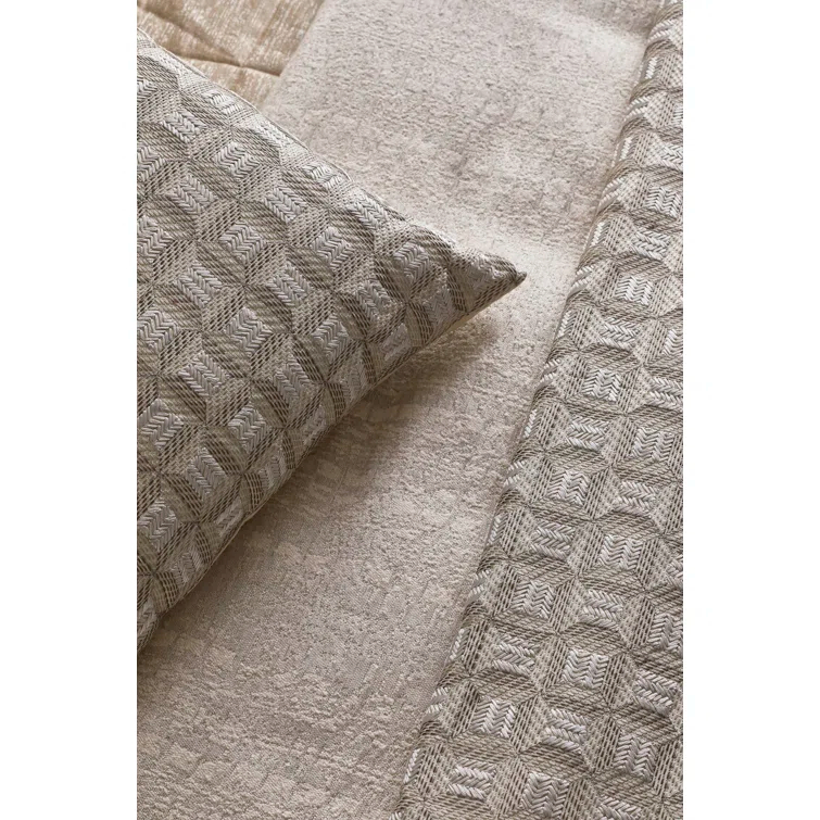 Beige Cotton Embroidered Padded Throw Blanket