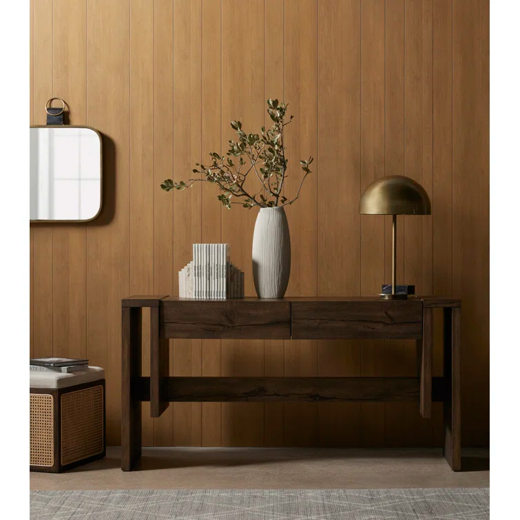Rustic Fawn Double-Drawer Oak Veneer Console Table
