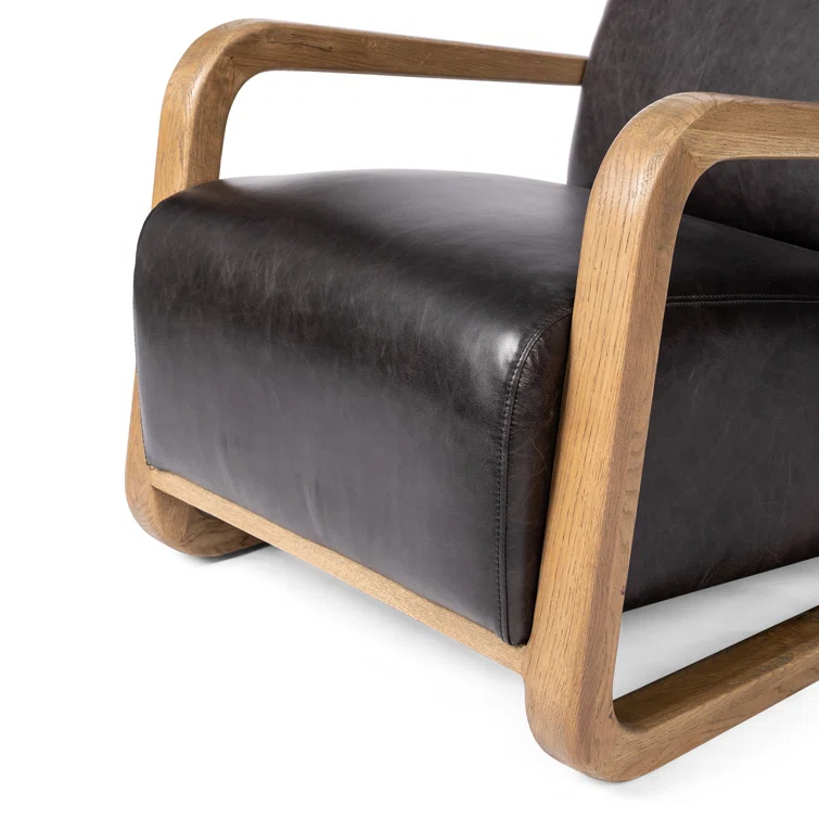 Sonoma Black Top-Grain Leather Armchair with Solid Oak Arms