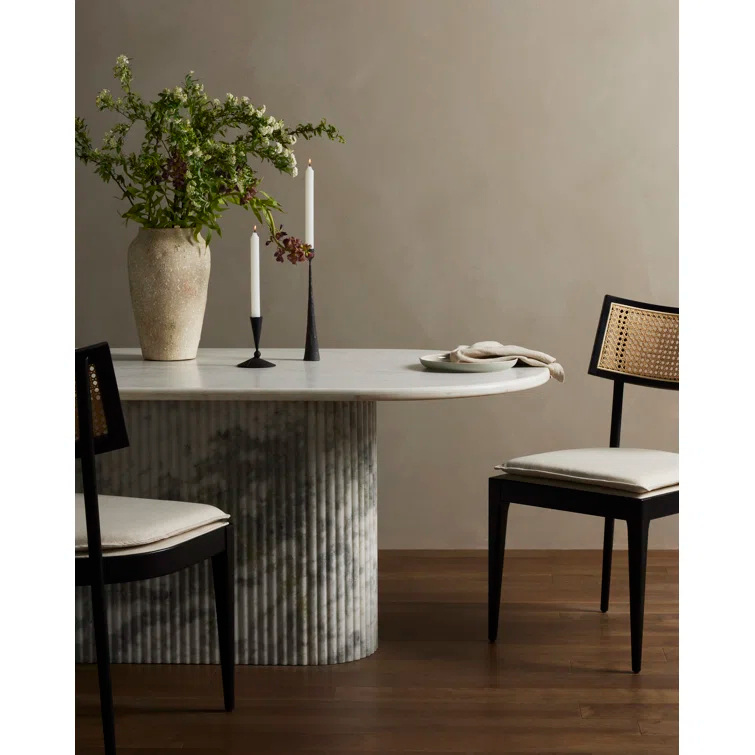 Polished White Marble Oval Dining Table with Fluted Base