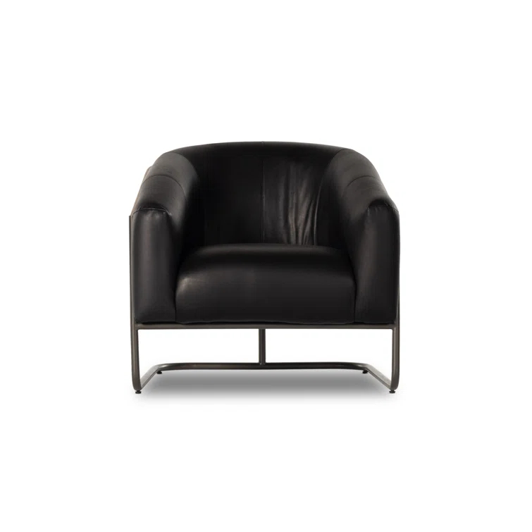 Heirloom Black Leather and Metal Barrel Chair