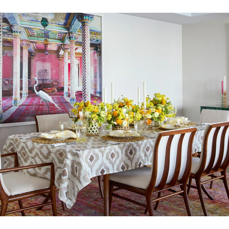 Taupe and Beige Linen Watercolor Ikat Tablecloth