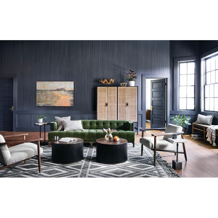 Auburn Velvet Tufted Sofa with Dark Walnut Wood Legs