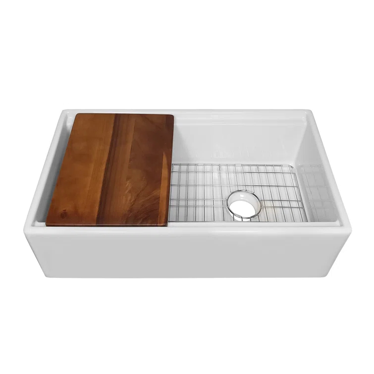 Whitehaus Collection Front Apron Single Bowl Fireclay Kitchen Sinks with Cutting Board and Grid
