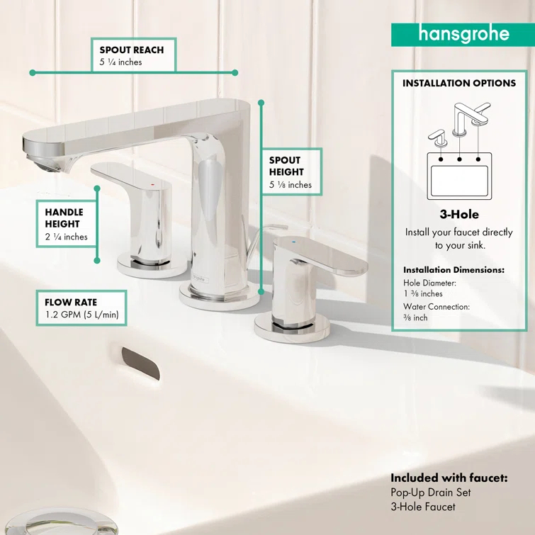 Rebris S Widespread Bathroom Faucet with Drain Assembly