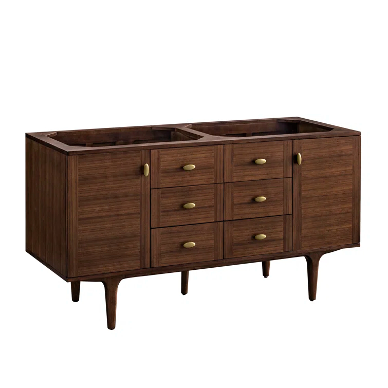 Amberly 60" Walnut Double Vanity Base with Brass Knobs